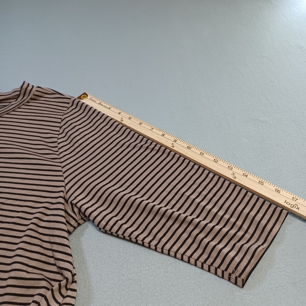 Free 2 Luv Striped Shift Dress Tan Black 3/4 Sleeve Crew Neck Plus Size 1X - Picture 4 of 7